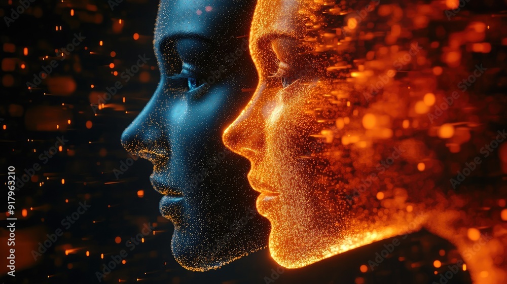 Aufkleber human face merging with ai technology in a 3d digital transformation illustration. concept of artifi