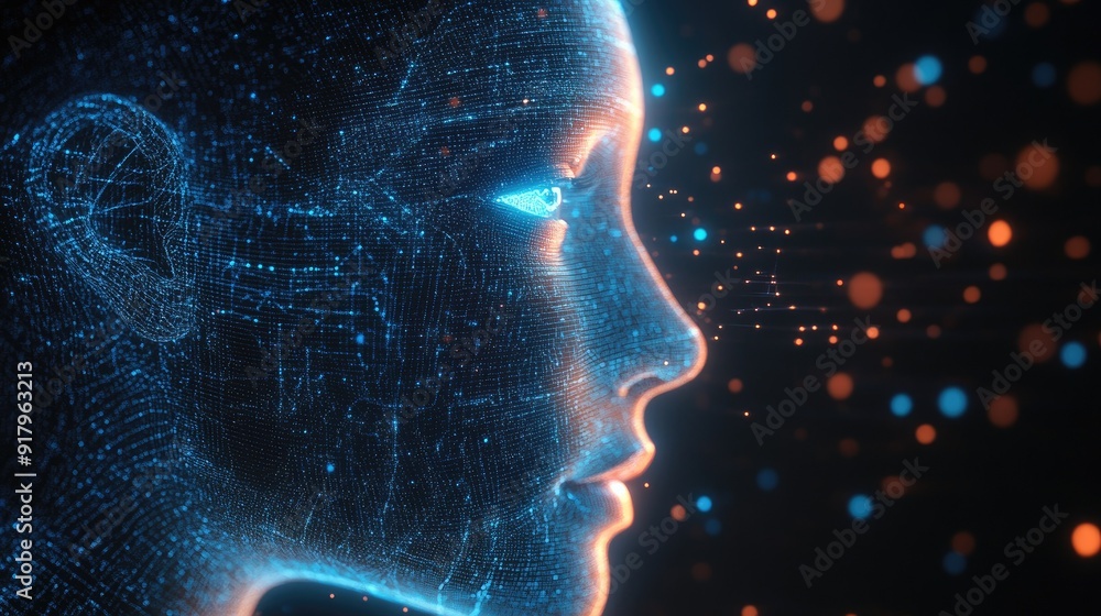 Poster human face merging with ai technology in a 3d digital transformation illustration. concept of artifi
