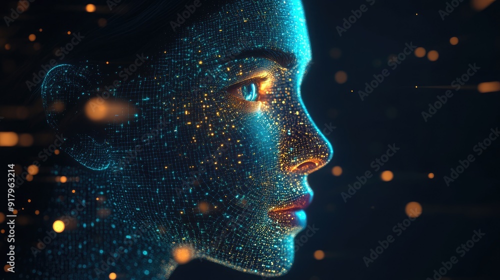 Poster human face merging with ai technology in a 3d digital transformation illustration. concept of artifi