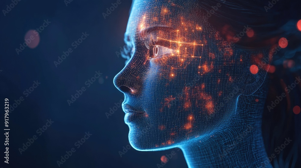 Poster human face merging with ai technology in a 3d digital transformation illustration. concept of artifi