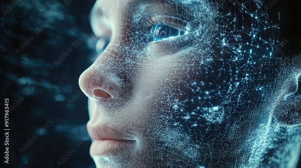 Poster human face with integrated ai technology in a 3d digital transformation render. concept of artificia
