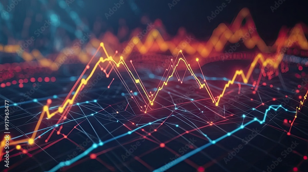 Poster interactive 3d line graph with multiple lines intersecting, representing complex data trends.