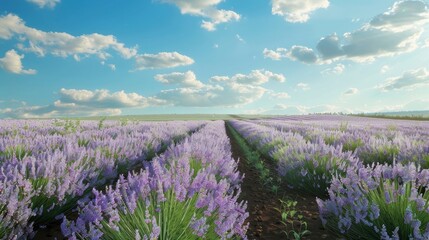 Naklejka premium A serene lavender farm with rows of purple flowers and clear blue skies.
