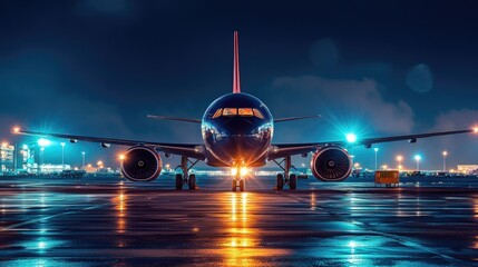 Fototapeta premium passenger plane on the platform at night, lights, front view -