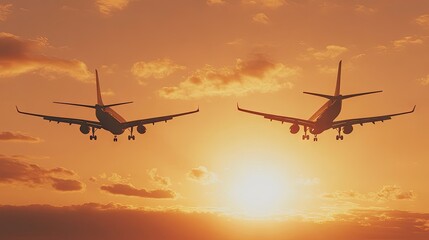 Fototapeta premium rear view of two airplanes for commercial passenger or cargo transportation aircraft flying in sequence and spread the wheel for landings to airport on golden sunset sky in dusk or evening