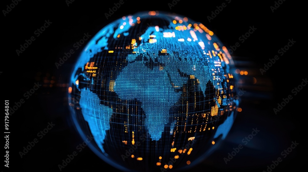 Poster rotating 3d globe with data points, representing global statistics.