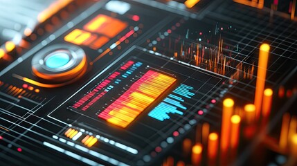 Obraz premium Rotating 3D graph highlighting various aspects of a business strategy, with dynamic elements.