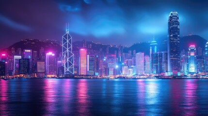 Fototapeta premium Smart network and Connection technology concept, Hong Kong digital city background at night in victoria harbour, Cyberpunk color style, Panorama view