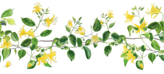 Obraz premium Seamless Horizontal Watercolor Honeysuckle vines Yellow Flowers isolated on transparent background