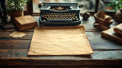 Vintage Rustic Desk with Antique Typewriter and Yellowed Papers for Copy Space