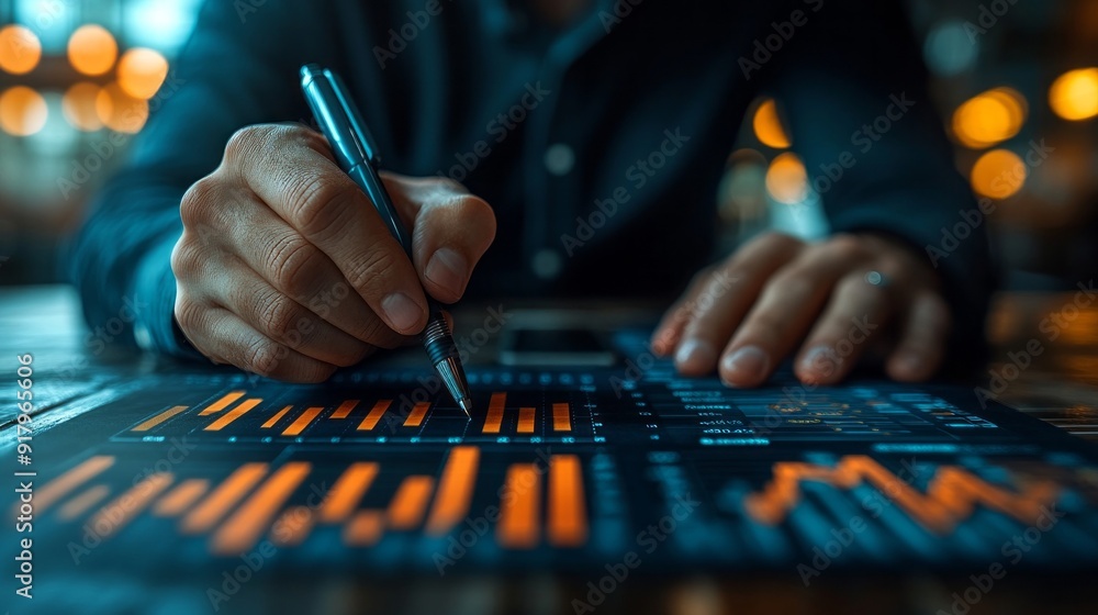 Poster a man is writing with a pen on a piece of paper with graphs on it