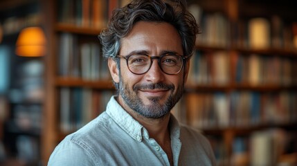 Fototapeta premium Portrait of a smiling man in a library - generative ai