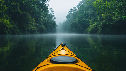 Serene Kayaking Adventure in Misty Waters with Green Foliage Reflections | Peaceful Paddle Amidst Nature's Beauty