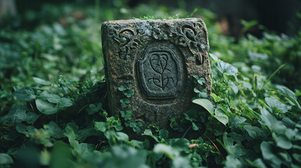 Serene Stone Sculpture Amidst Overgrown Grass - High Angle View with Copy Space