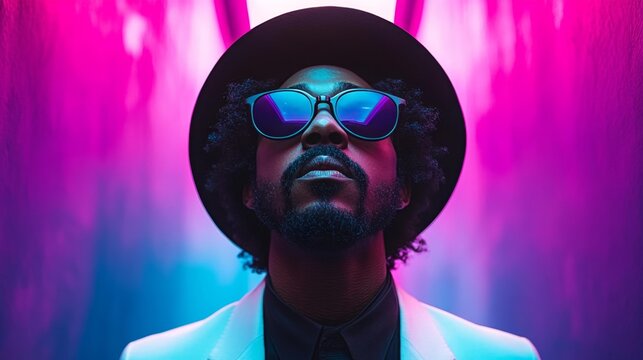 Stylish man in neon lights - generative ai