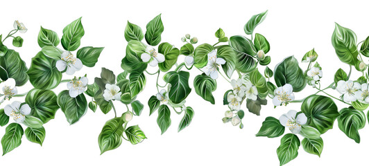 Seamless Horizontal Watercolor Russian white vine Flowers isolated on transparent background PNG
