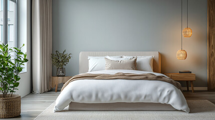 Contemporary Bedroom Mockup with King-Sized Bed and Neutral Bedding, Nightstand, and Copy Space Above Headboard