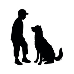 a vector silhouette, a boy with his dog vector art illustration