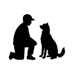 a vector silhouette, a boy with his dog vector art illustration
