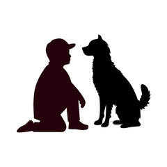 a vector silhouette, a boy with his dog vector art illustration
