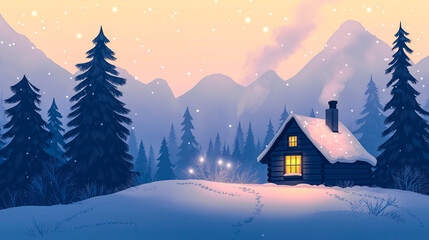 Fototapeta premium Snow-Covered Mountain Cabin with Twinkling Lights and Curling Smoke in a Winter Wonderland—Bright and Colorful Cartoon Anime Illustration