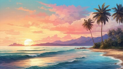 photo of beach scenery with coconut trees with sunset background made by AI generative