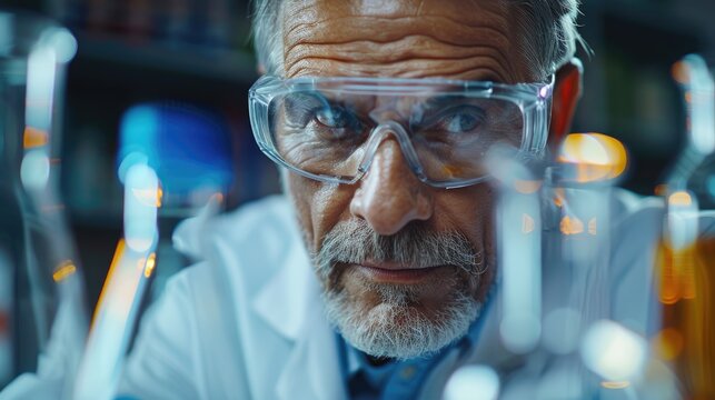 A senior scientist in a lab coat and safety glasses examines a beaker of liquid, his face reflecting the blue light of the lab. - Powered by Adobe