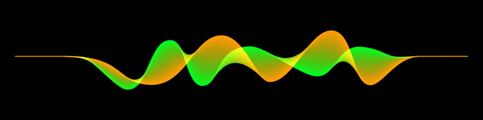 Abstract sound rhythm wave vector illustration. Green and yellow flowing twisted waveforms isolated on black background, creating a vibrant and dynamic visual effect. Modern digital design element.