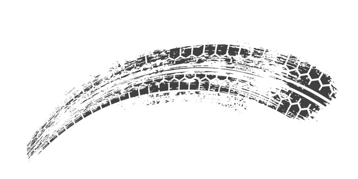 Tire track. Car, bike, motorcycle tyre mark with grunge effect isolated on white background. Wheel footprint on the road. Top view of rubber protector mark.
