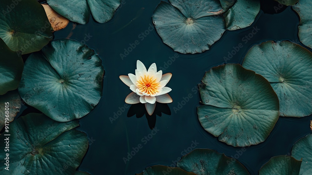 Aufkleber top view of a single lotus flower floating on a pond with lily pads. -