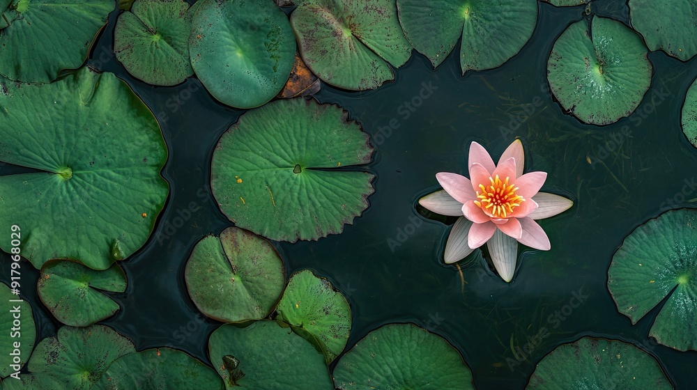 Poster top view of a single lotus flower floating on a pond with lily pads. -