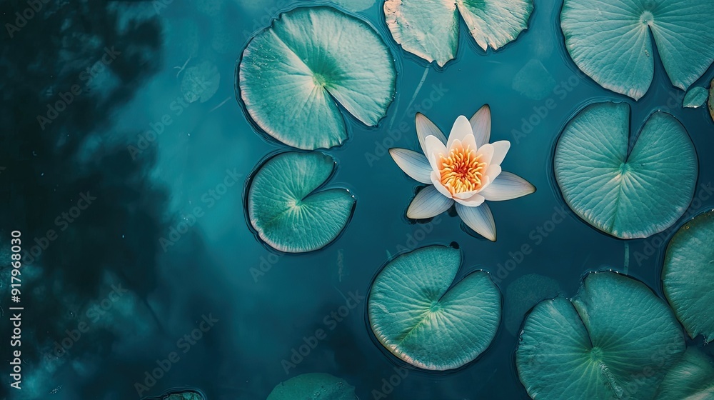 Poster top view of a single lotus flower floating on a pond with lily pads. -