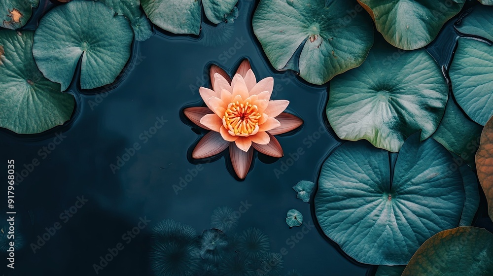 Poster top view of a single lotus flower floating on a pond with lily pads. -