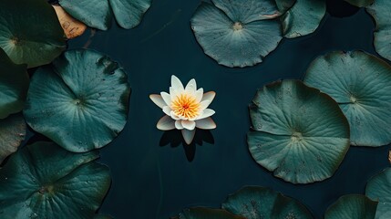 Top view of a single lotus flower floating on a pond with lily pads. -