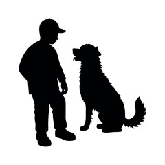 a vector silhouette, a boy with his dog vector art illustration