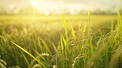Fototapeta premium A serene rice field with golden grains swaying gently in the breeze.