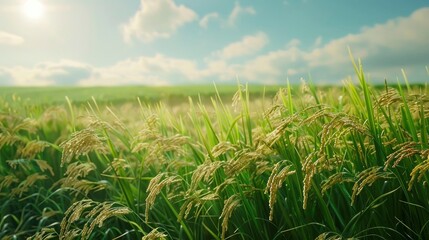 Naklejka premium A serene rice field with ripe grains and a clear sky.