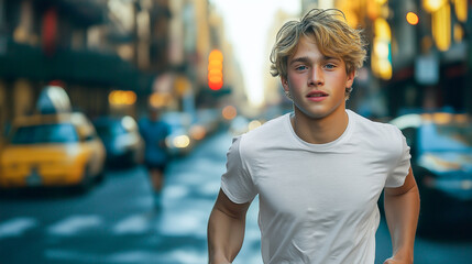 Fototapeta premium young teenage man jogging in the city of New York