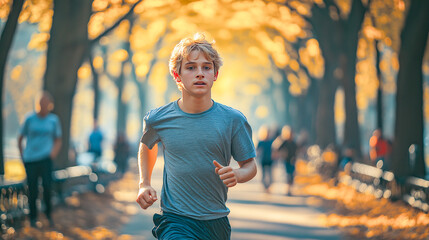 young teenage man jogging in the city of New York