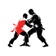 Judo, two male fighters, isolated vector silhouette, ink drawing, vector silhouette