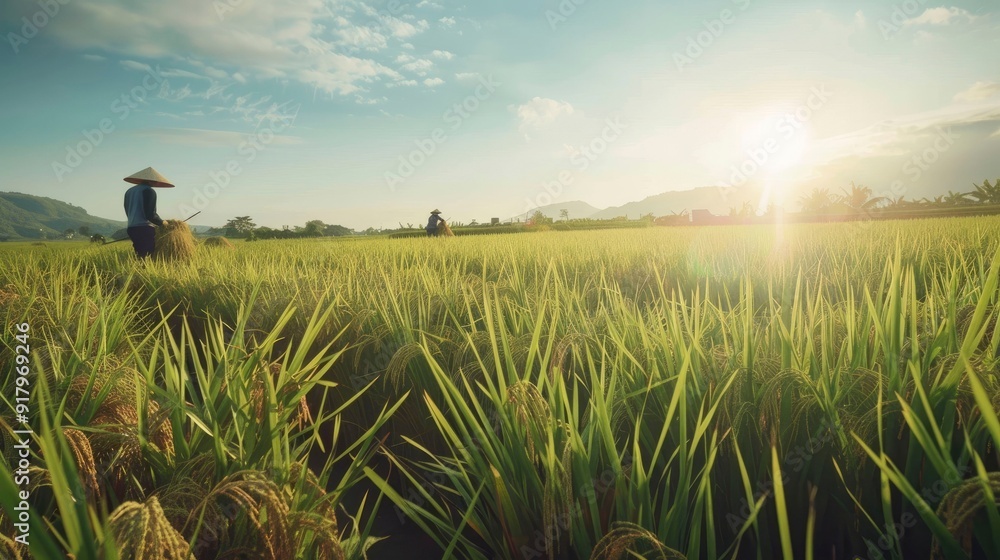 Wall mural A serene rice paddy field with workers harvesting rice under a clear sky.