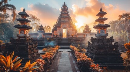 A serene temple entrance bathed in the warm glow of sunrise, with lush foliage framing the path.