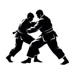 Judo, two male fighters, isolated vector silhouette, ink drawing, vector silhouette