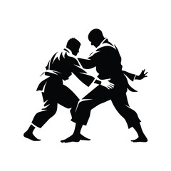 Judo, two male fighters, isolated vector silhouette, ink drawing, vector silhouette