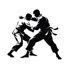 Judo, two male fighters, isolated vector silhouette, ink drawing, vector silhouette