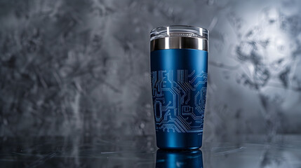 Metallic Blue Yeti Tumbler with High Tech Circuit Board Design for Tech Enthusiasts