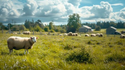 Fototapeta premium A serene sheep farm with grazing sheep and a picturesque countryside.