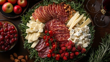 Charcuterie platter with assorted cheeses, grapes, strawberries, salami, and red wine glasses