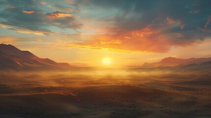 Fototapeta premium A serene sunrise over a desert landscape with the sky filled with warm colors.