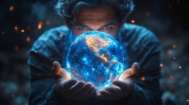 Man holding a glowing digital earth - generative ai
